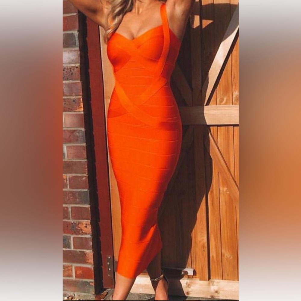 Like New! Orange bandage bodycon midi dress. Hits below knees